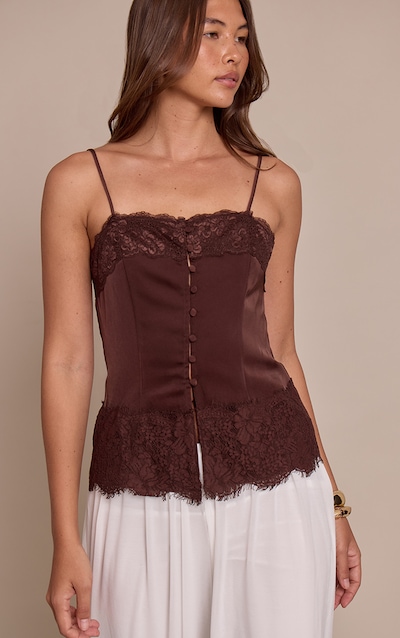 Chocolate Satin Button Up Lace Detail Cami