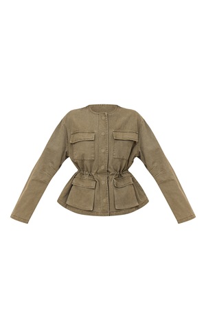 Olive Round Neck Pocket Front Cinch Denim Jacket Denim PLT
