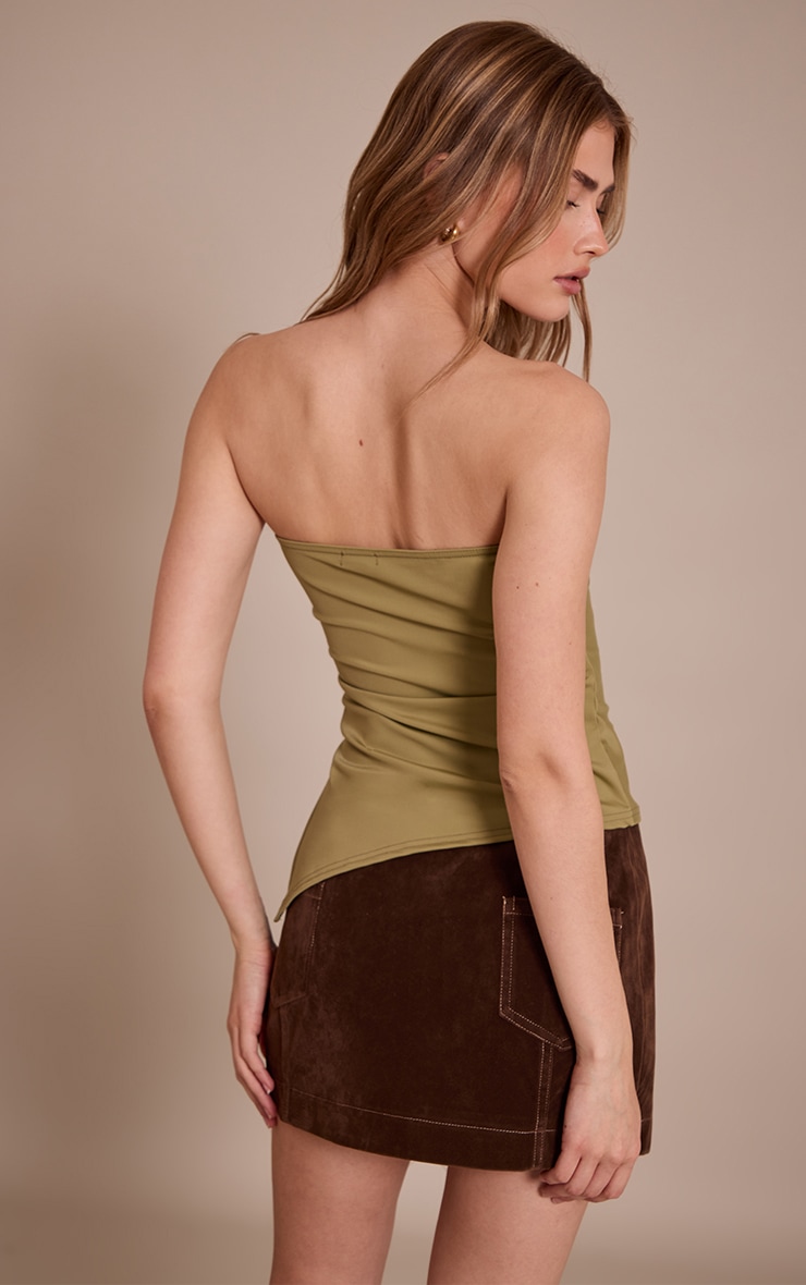 Olive Contour Slinky Bandeau Asymmetric Split Hem Longline Top image 2