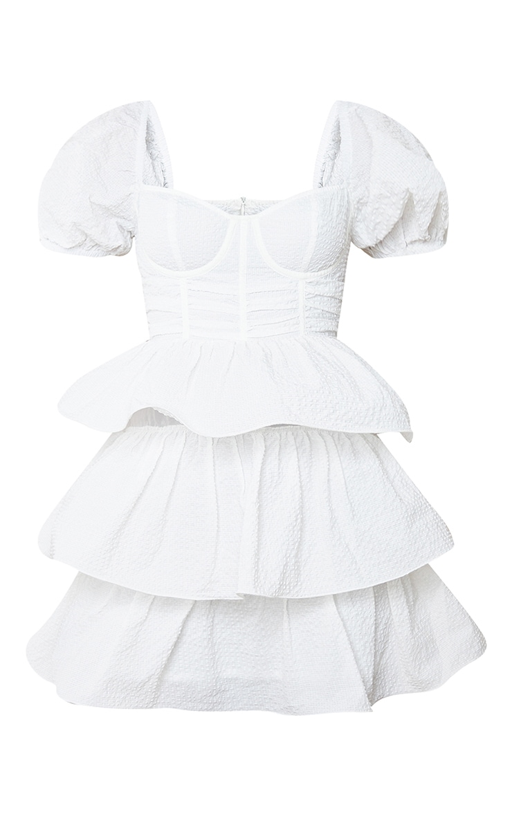 White Crinkle Cup Detail Tiered Skirt Skater Dress | Dresses