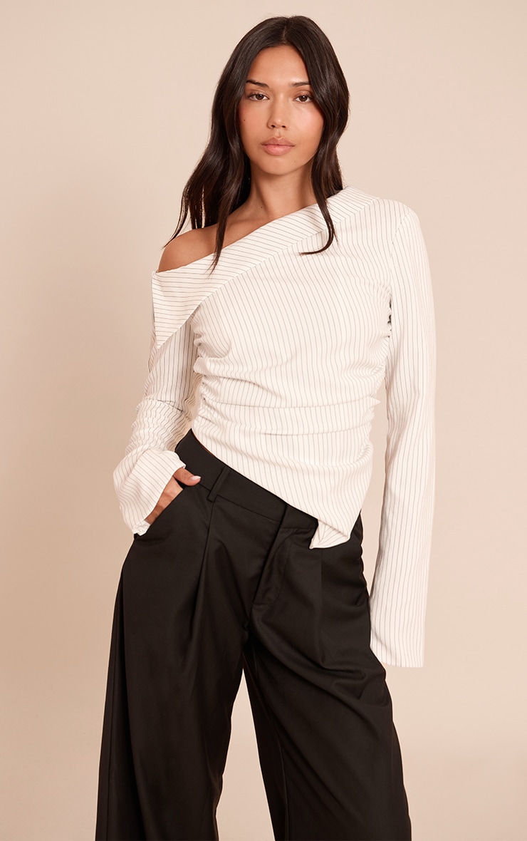 Monochrome Pinstripe Bardot Asymmetric Hem Long Sleeve Shirt image 1