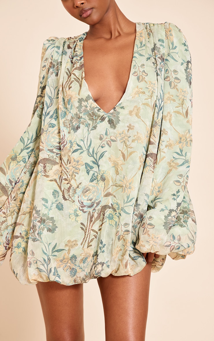 Sage Floral Print Plunge Puff Sleeve Shift Dress image 4