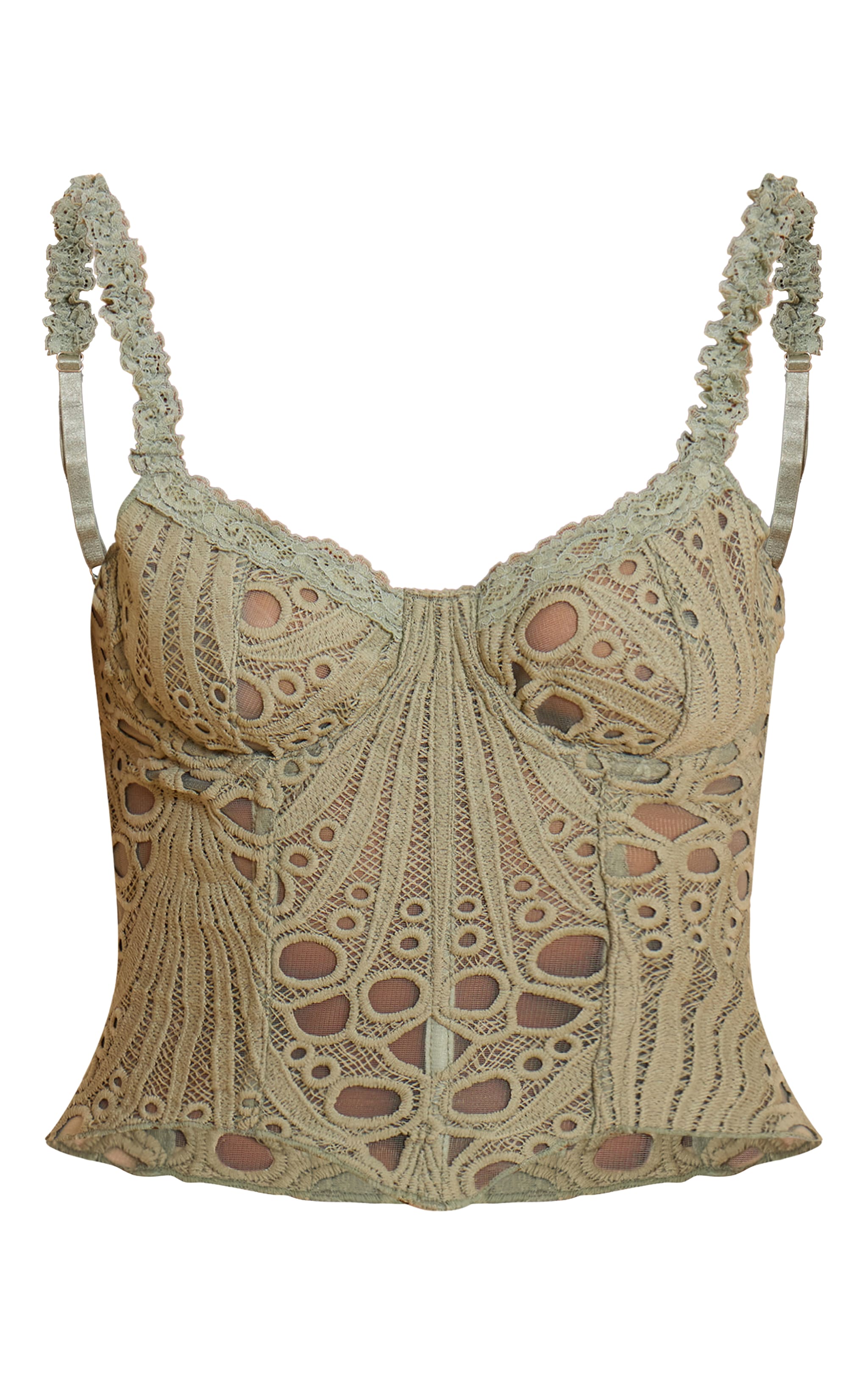 Sage Green Strappy Textured Sheer Floral Lace Corset image 5