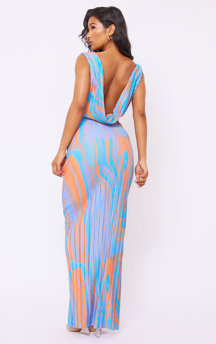 Orange Abstract Print Plisse Cowl Plunge Maxi Dress image 2