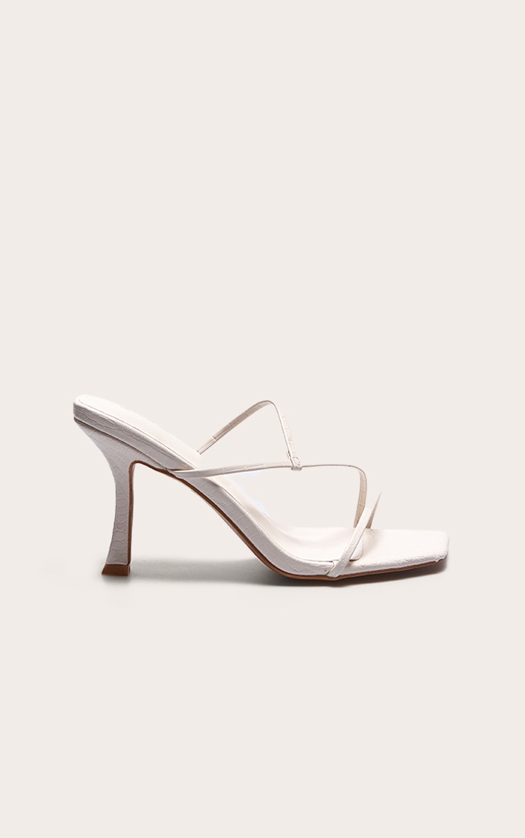 Cream Croc PU Square Toe Strappy Mid Heeled Mules image 1
