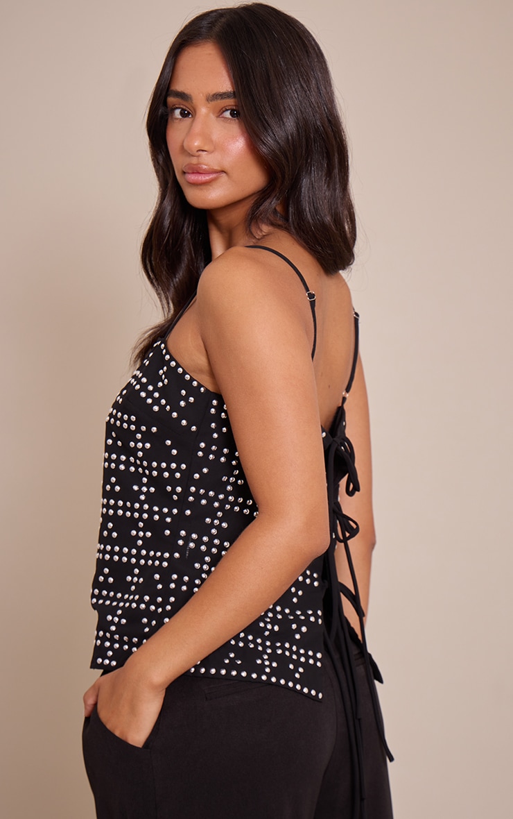 Petite Black Stud Tie Back Cami Top image 2