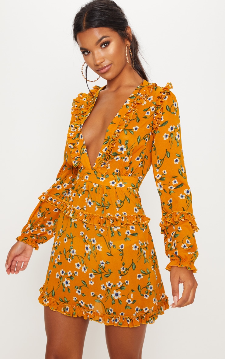 Mustard Floral Print Frill Detail Skater Dress image 1