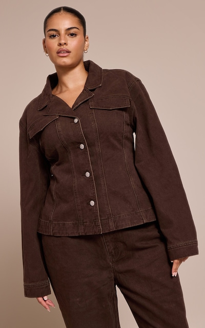 Plus Dark Chocolate Cinched Waist Denim Blazer