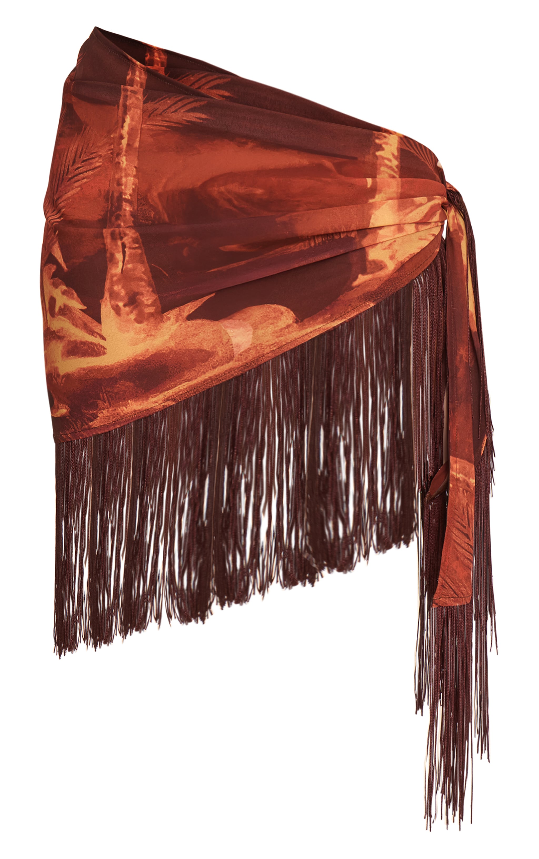 Chocolate Palm Print Chiffon Fringe Trim Sarong image 6
