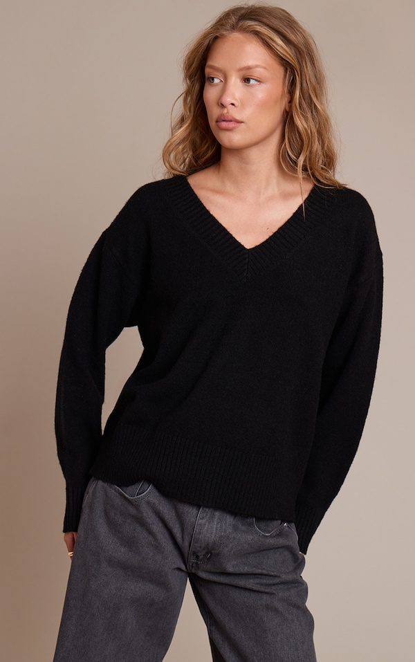 Black V Neck Knitted Sweater