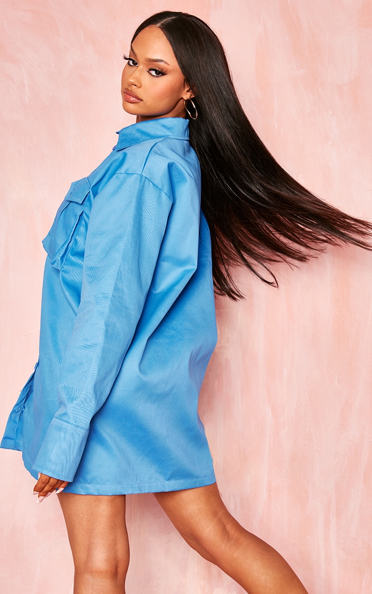 Bright Blue Cargo Pocket Detail Oversized Shirt Dress image 2