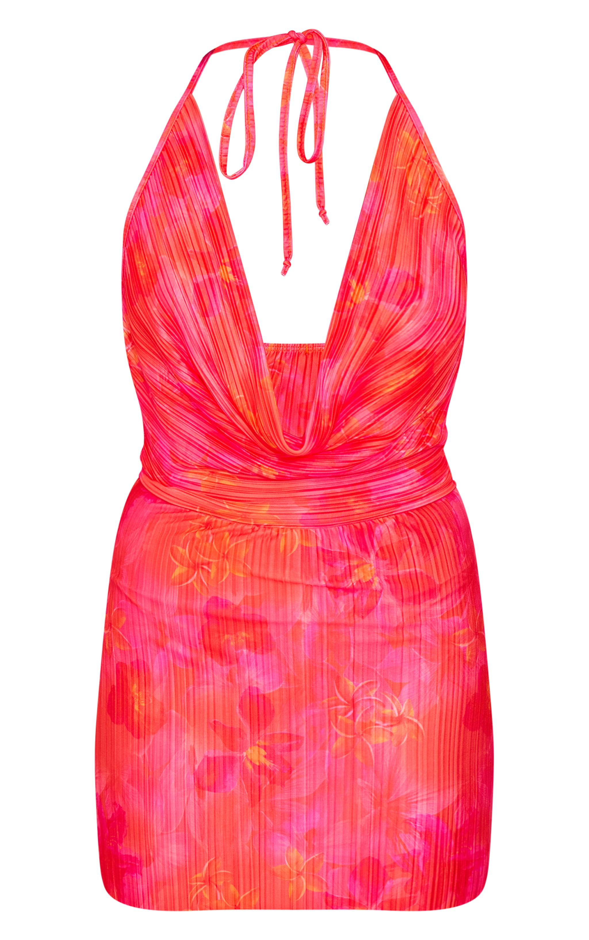 Pink Printed Plisse Cowl Neck Mini Dres image 5