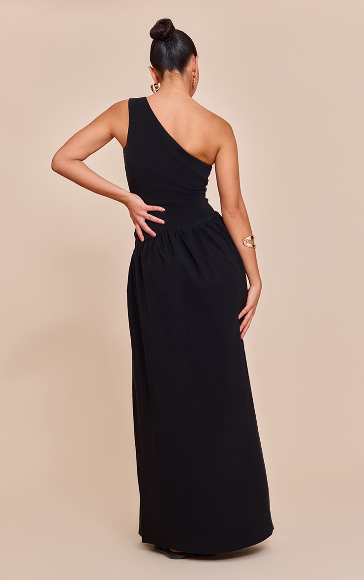 Black Stretch Woven One Shoulder Maxi Dress image 2