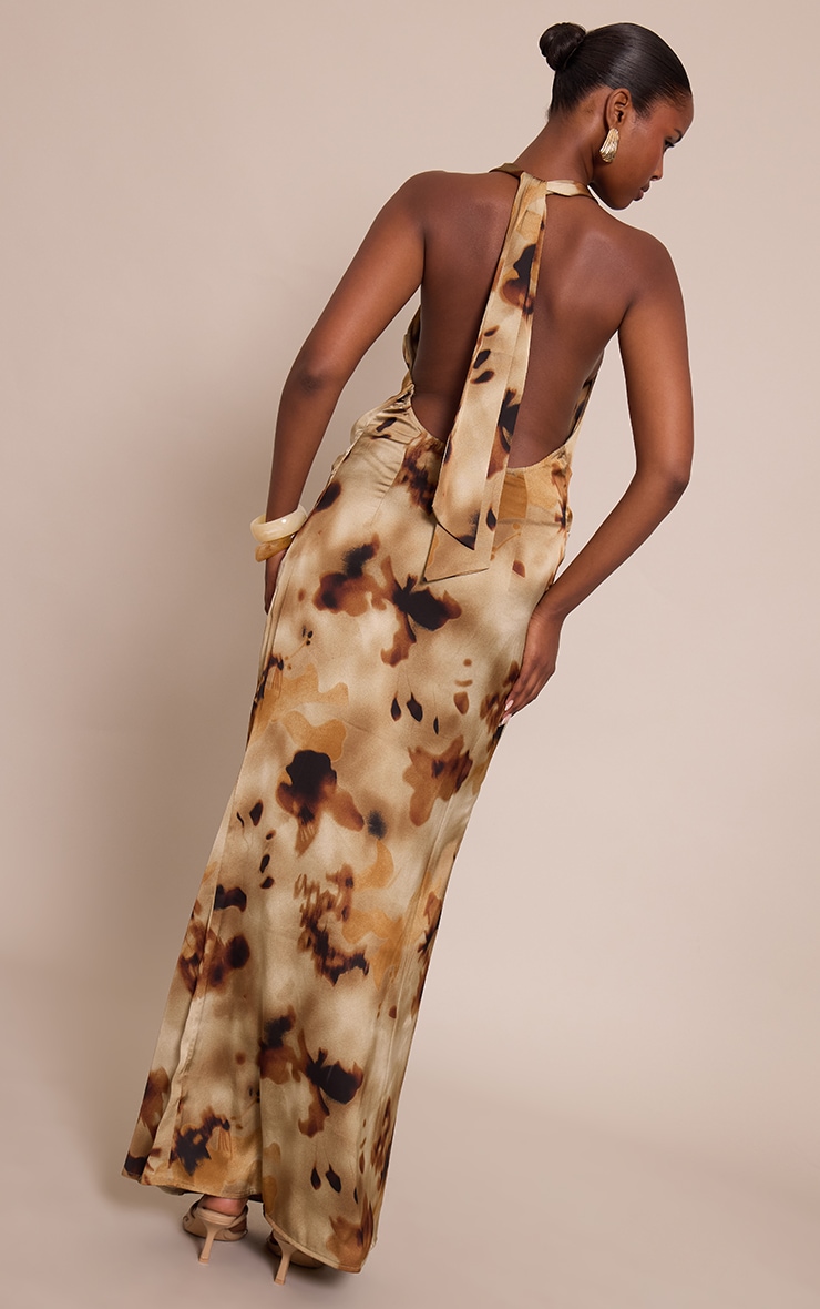 Green Abstract Print Satin Ombre Print Cowl Neck Maxi Dress image 2
