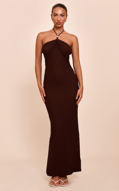 Chocolate Textured Beaded Detail Halterneck Maxi Dress