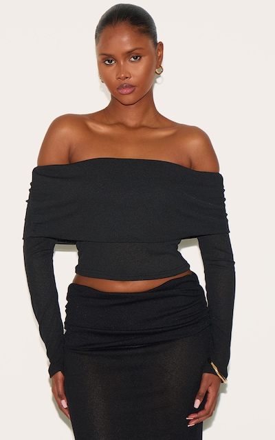 Black Sheer Burnout Mesh Fold Over Hem Long Sleeve Bardot Top