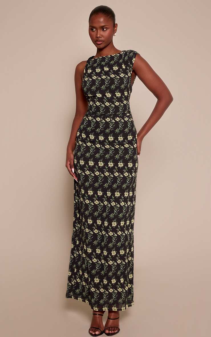 Black Floral Printed Floral Chiffon Ruched Maxi Dress