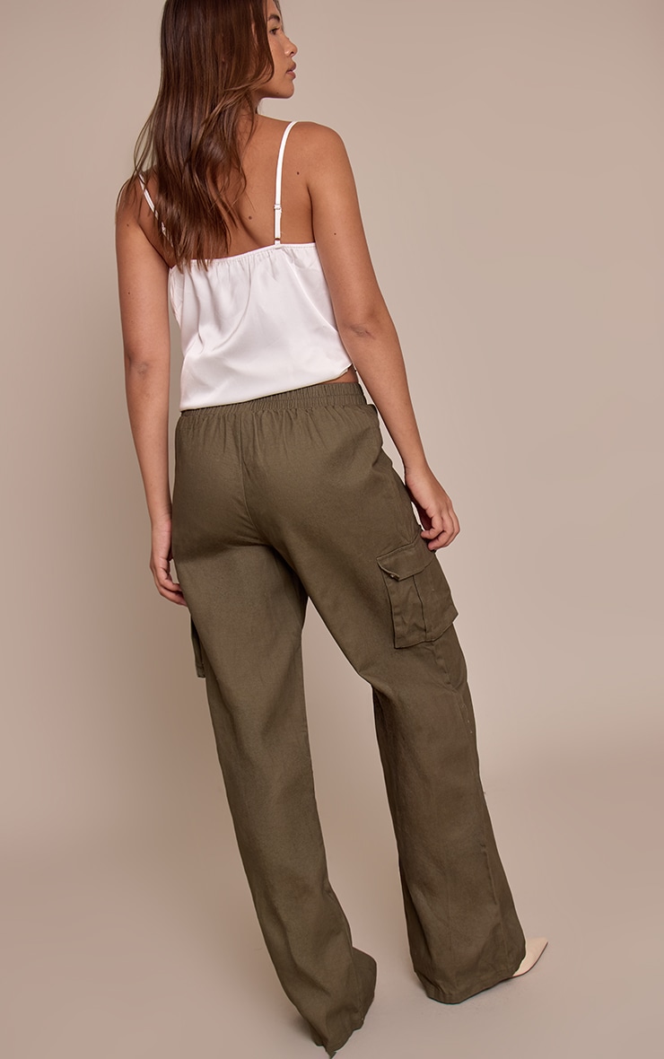 Khaki Wide Leg High Waisted Cargo Pants image 3