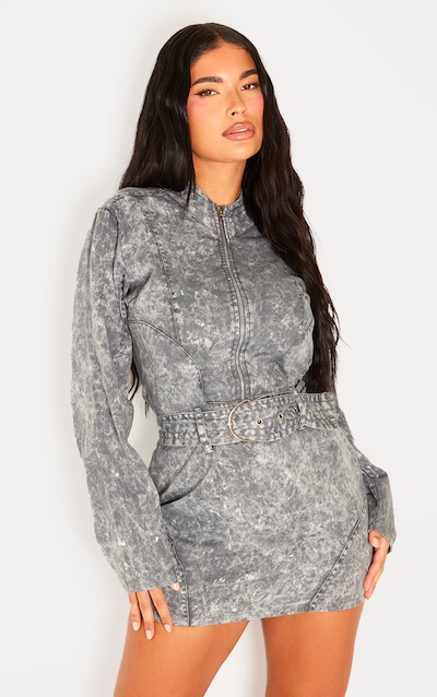 Petite Washed Grey Long Sleeve Fitted Mini Dress With Belt Detail