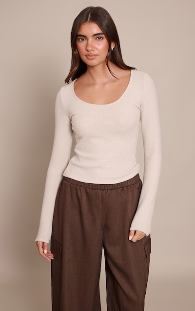 Cream Wool Knit Look Scoop Neck Long Sleeve Top