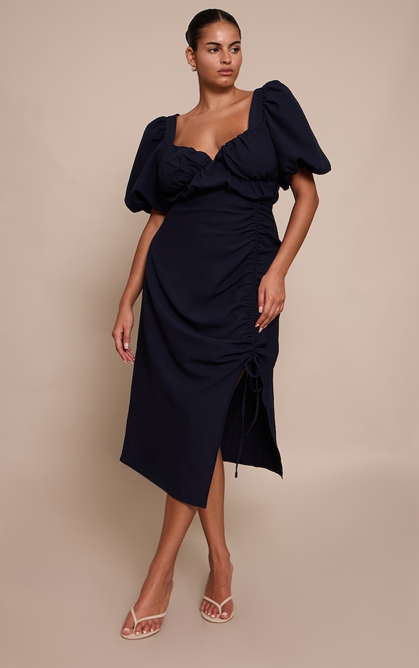 Plus Navy Puff Sleeve Ruched Split Side Midi Dress