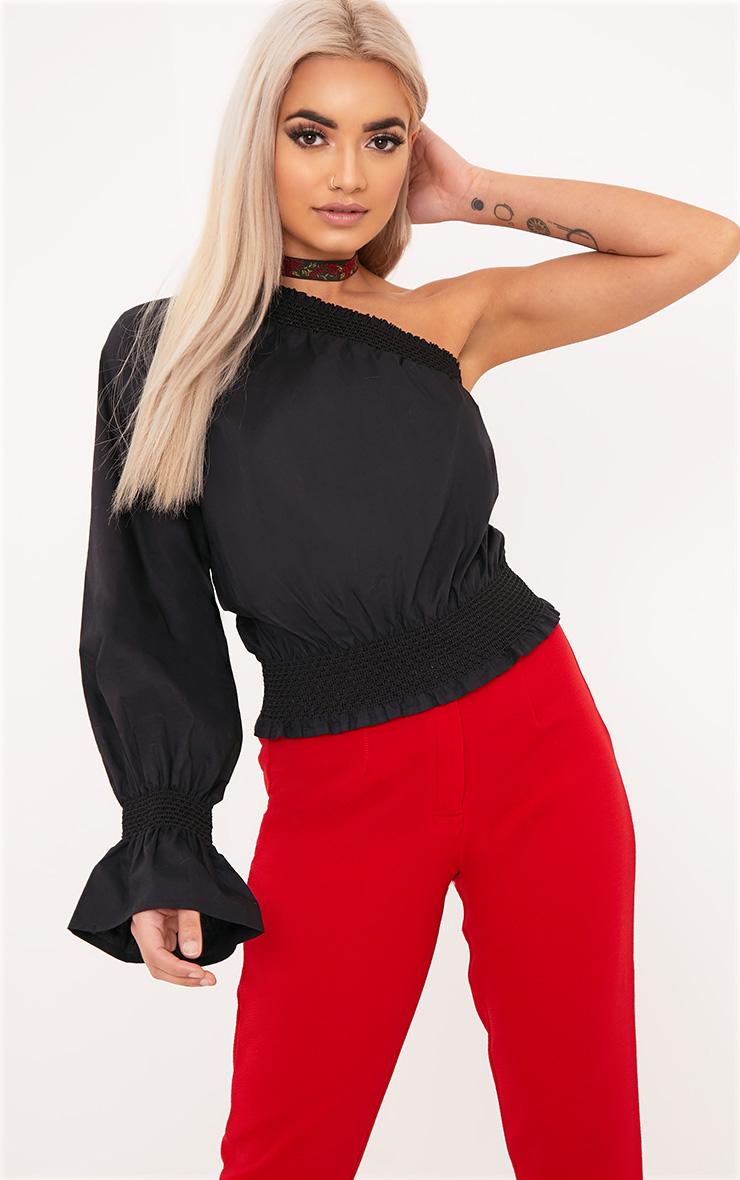 Macey Black One Shoulder Smocked Cotton Blouse Tops