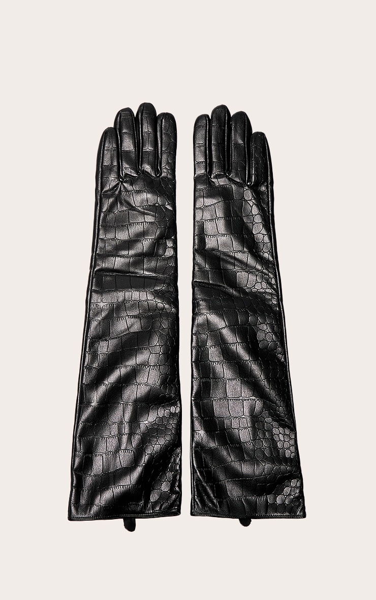 Black Croc Faux Leather Long Gloves image 1