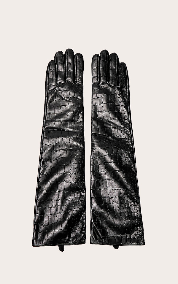 Black Croc Faux Leather Long Gloves