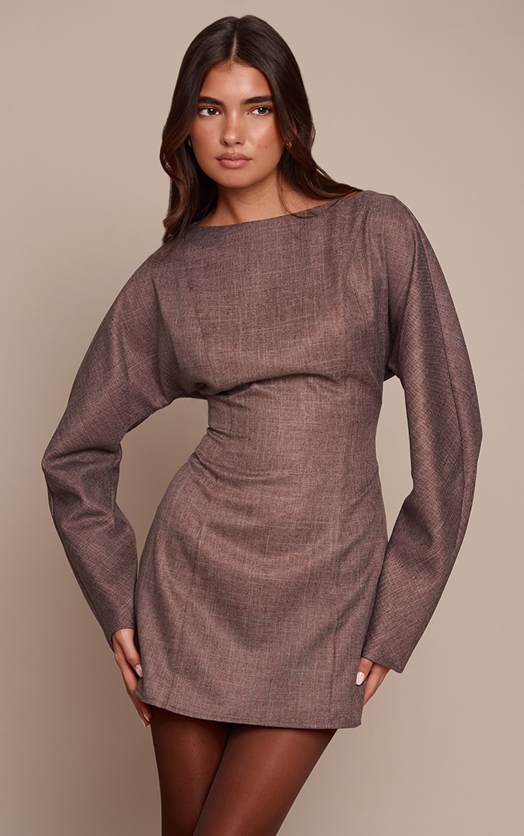 Chocolate Woven Boat Neck Long Sleeve Shift Dress image 1