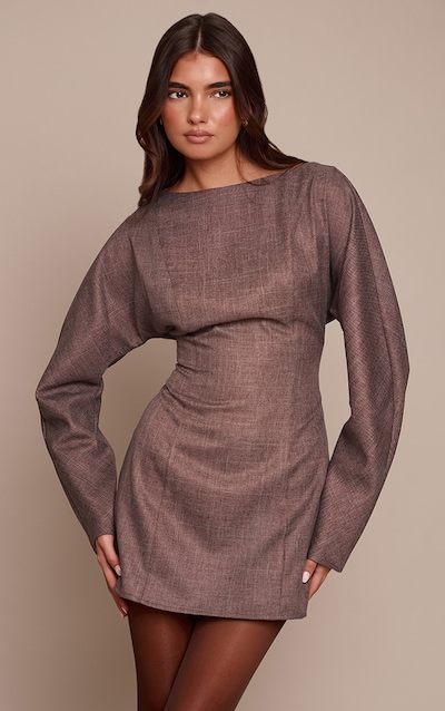 Chocolate Woven Boat Neck Long Sleeve Shift Dress