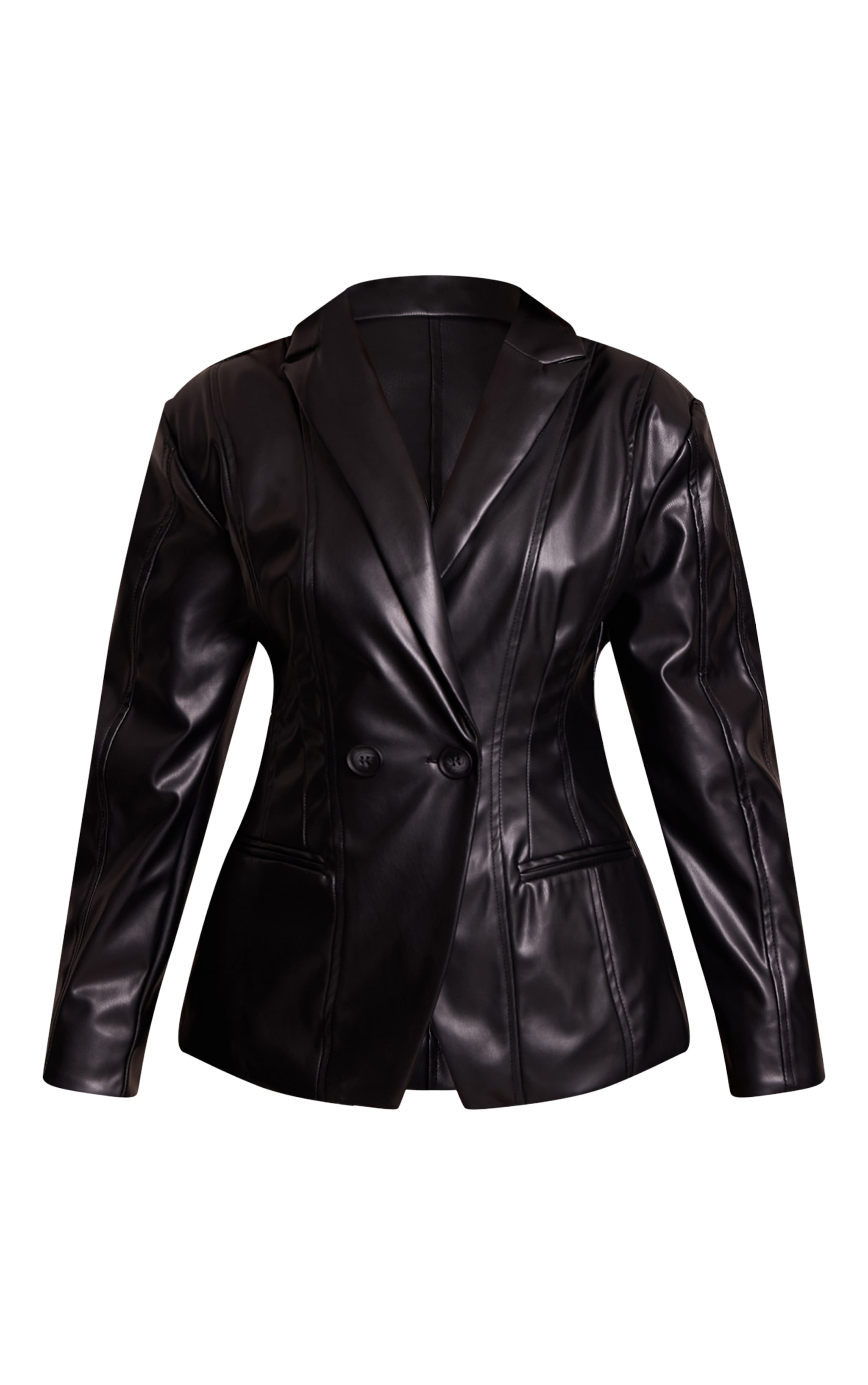 Petite Black Panel Detail Faux Leather Blazer image 5