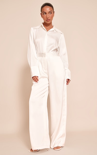 White Satin Shirt Detail Wide Leg Jumpsuit