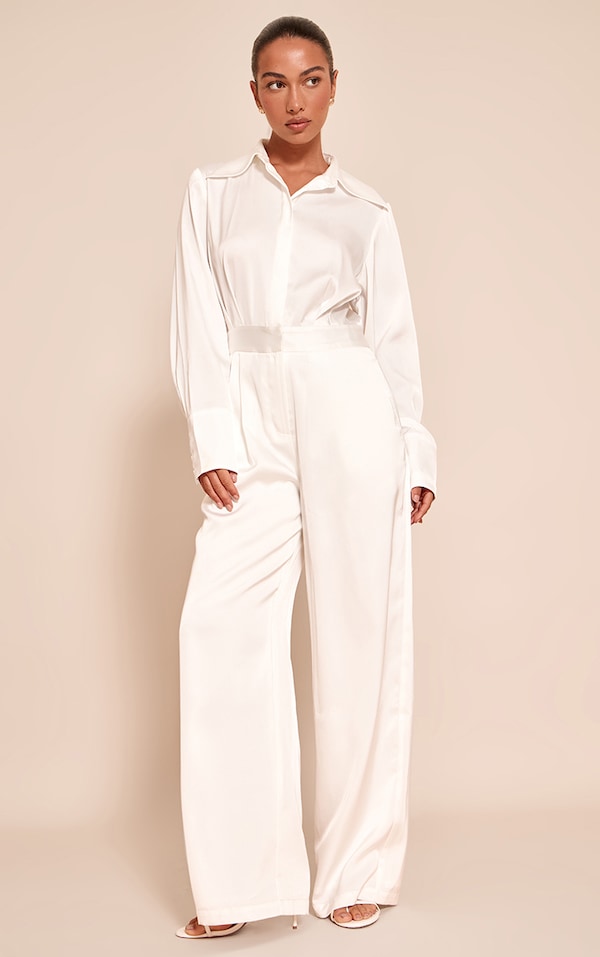 White Satin Shirt Detail Wide Leg Jumpsuit