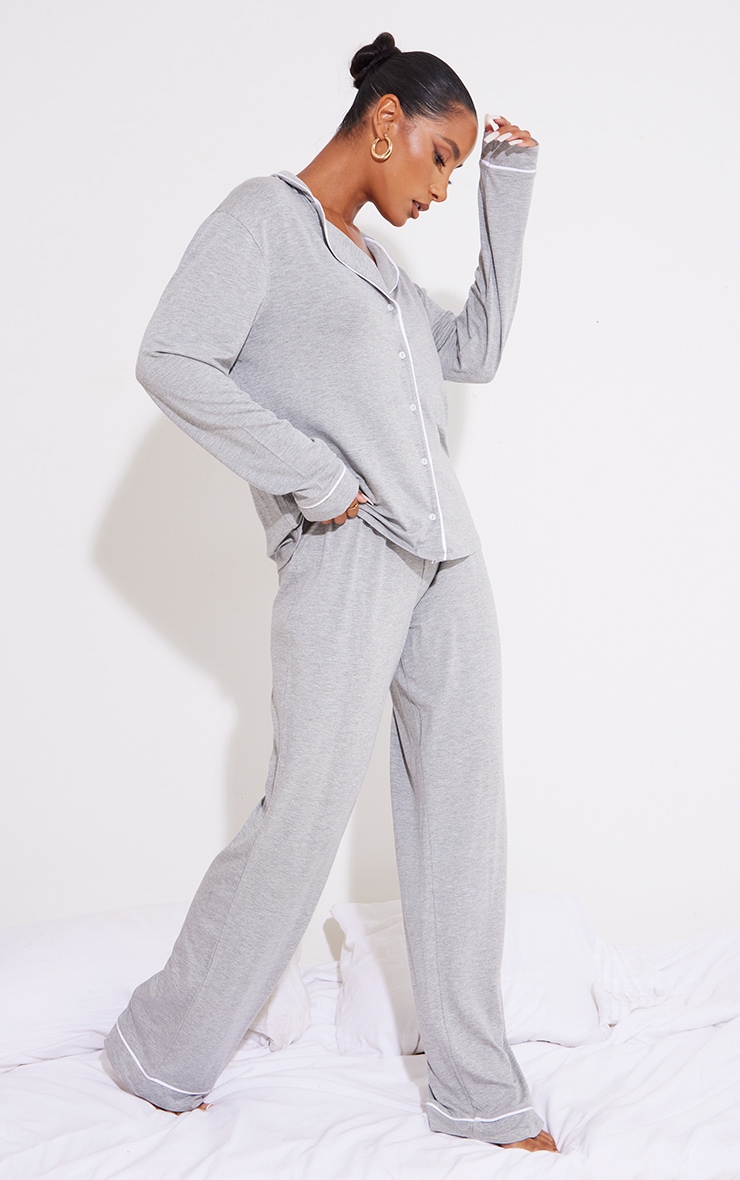 Grey Marl Jersey Piping Detail Long Pj Set image 3