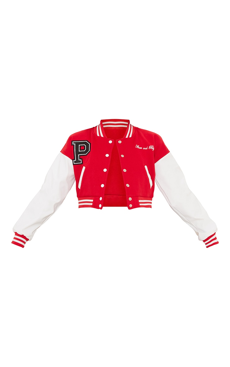 PRETTYLITTLETHING Red Varsity Graphic Faux Leather Sleeve Bomber image 5