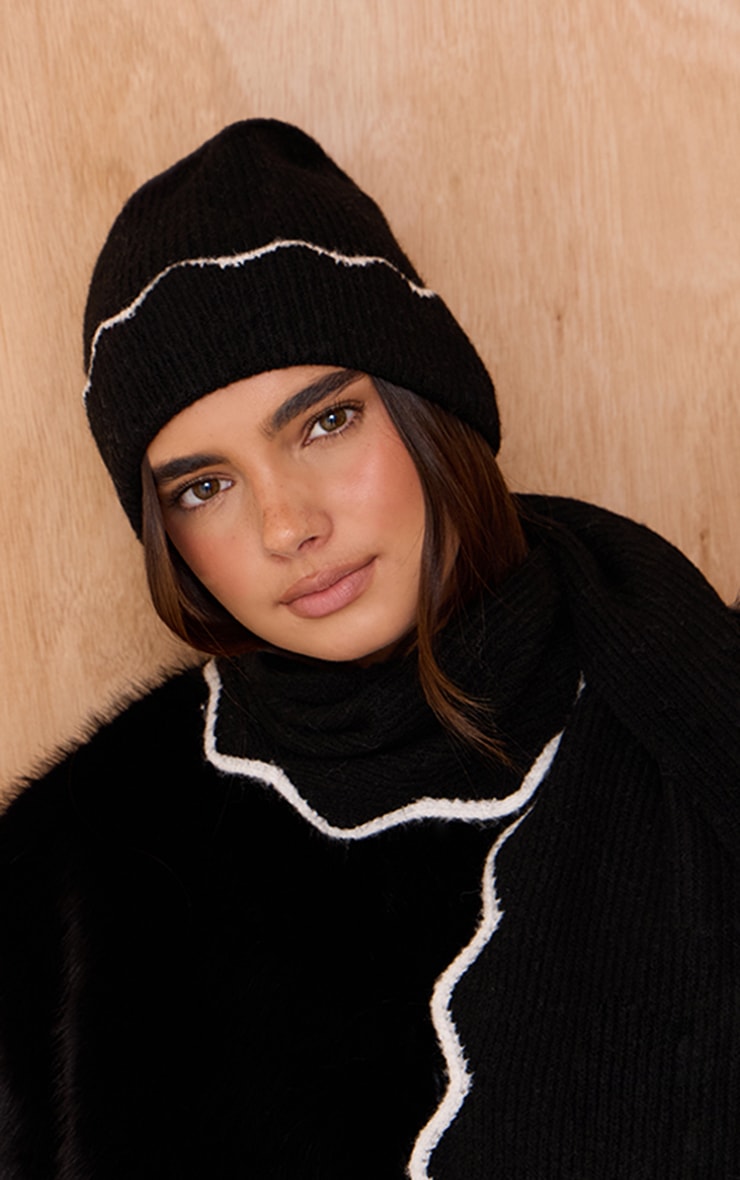 Black With White Scalloped Trim Beanie