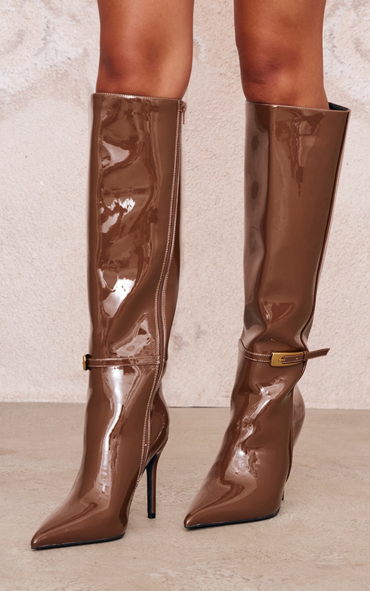 Chocolate Patent PU Wide Fit Point Toe Knee High Stiletto Heeled Boots image 3