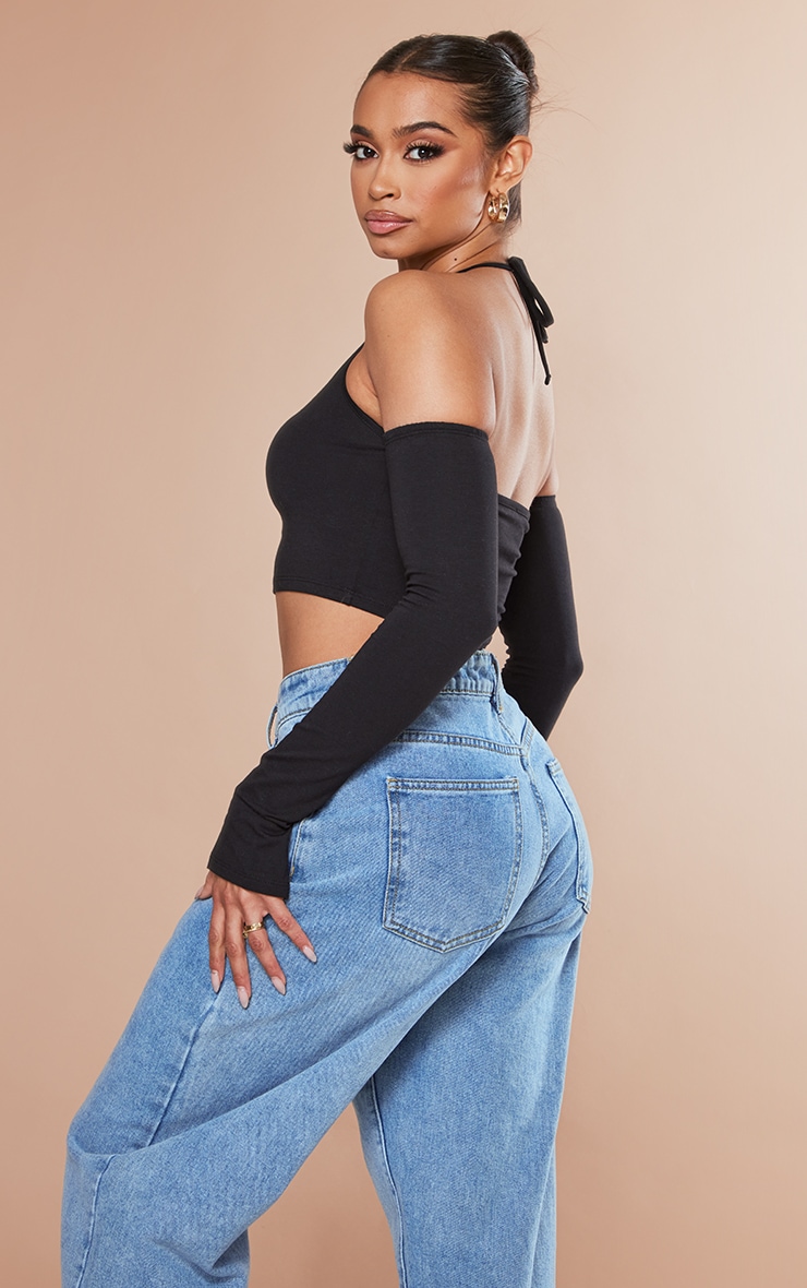 Black Jersey Strappy Halter Cold Shoulder Crop Top image 2