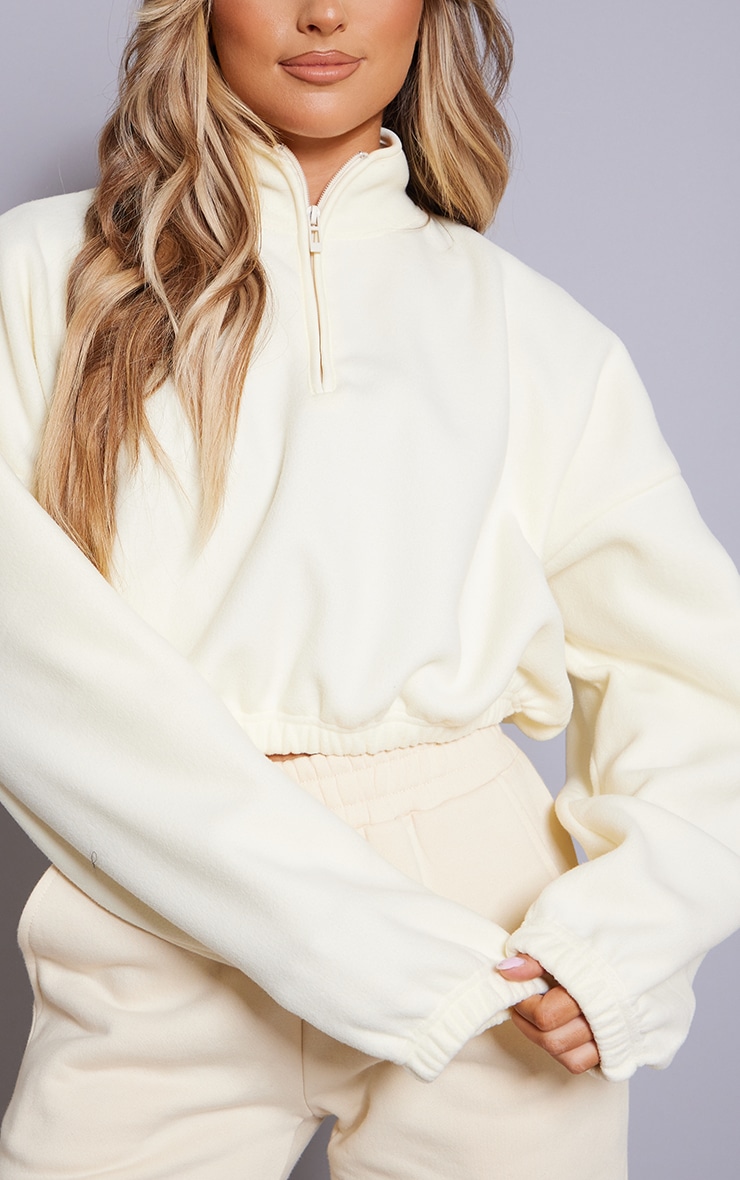 Cream Fleece Binding Crop Sweatshirt image 3