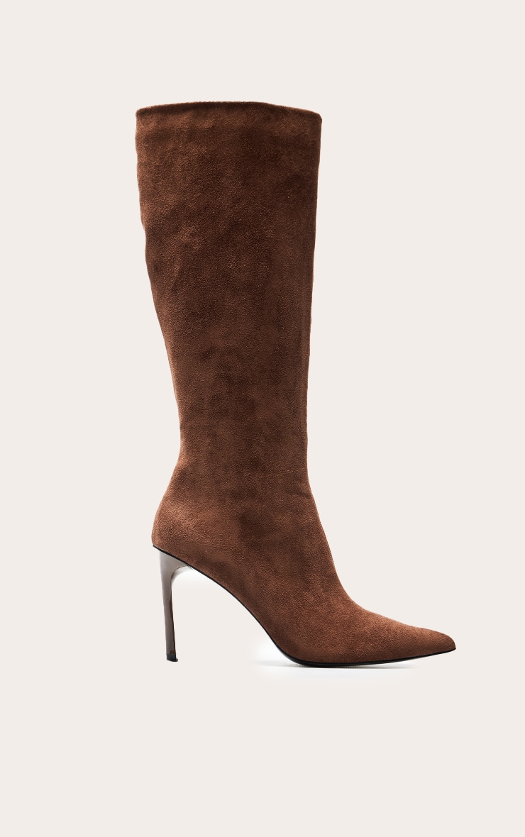 Mocha Faux Suede Knee High Stiletto Heeled Boot image 2