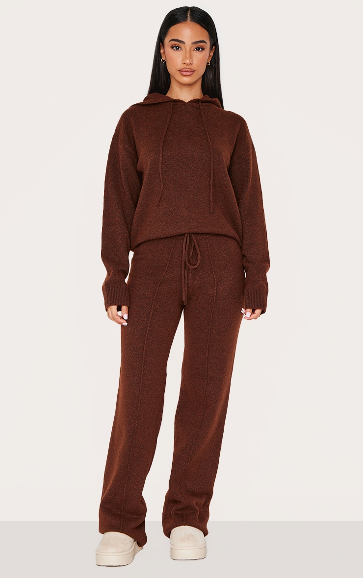 Petite Chocolate Knitted Seam Detail Wide Leg Pants image 1
