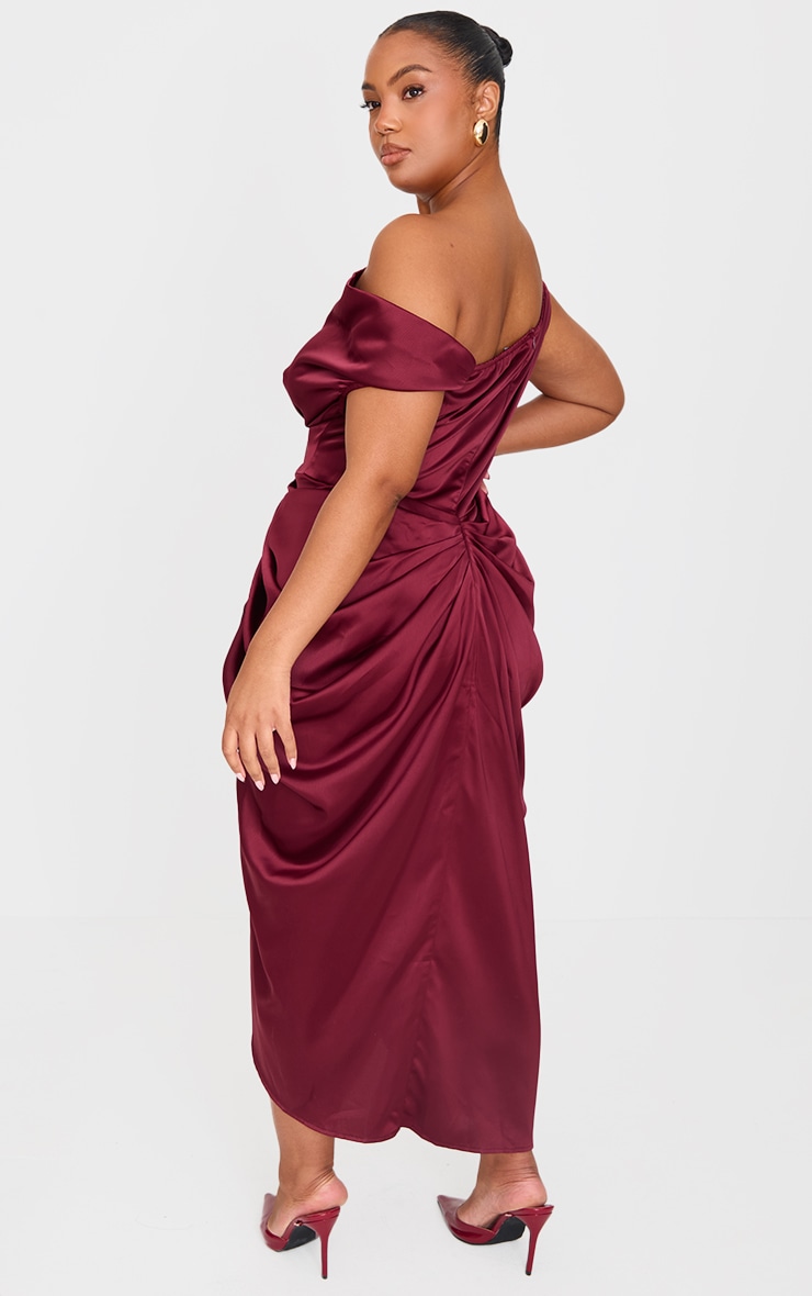 Plus Burgundy Satin Off The Shoulder Draped Skirt Midi Dress image 2
