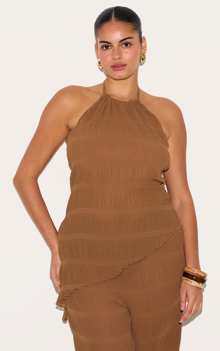 Plus Chocolate Textured Woven Backless Sheer Asymmetric Long Top image 1
