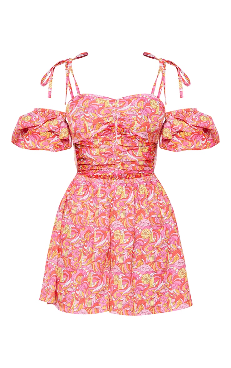 Petite Orange Floral Print Cut Out Romper image 1