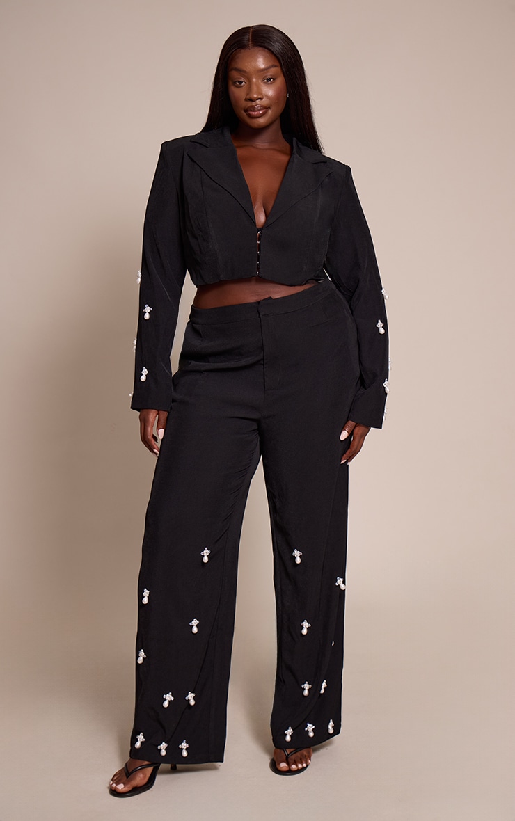 Plus Black Woven Embellished Cropped Blazer  image 3