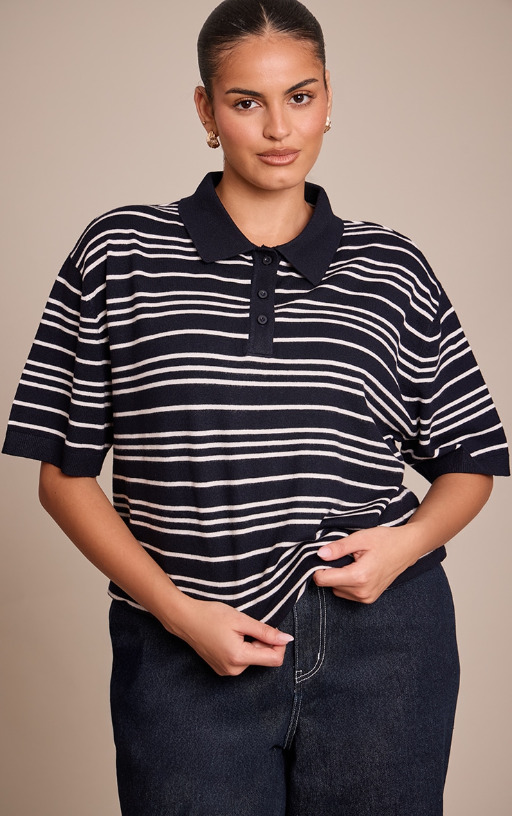 Plus Navy Polo Short Sleeve Knit Rugby Top image 1