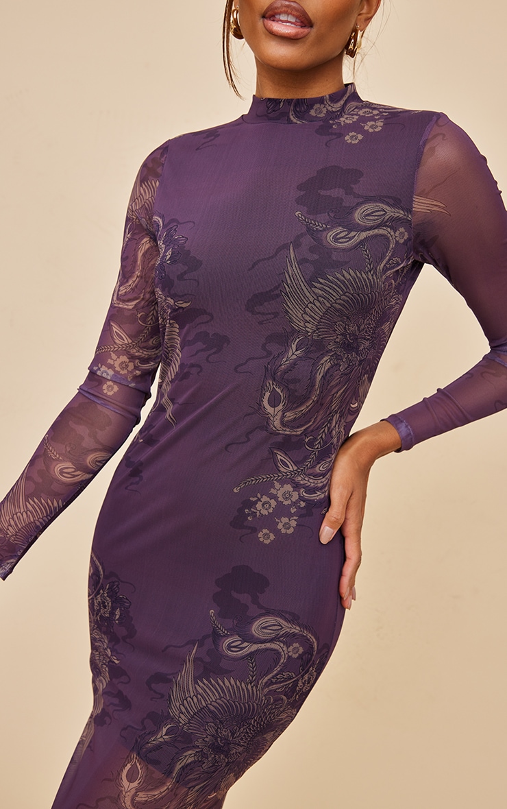 Plum Abstract Print Mesh Long Sleeve Midaxi Dress image 4