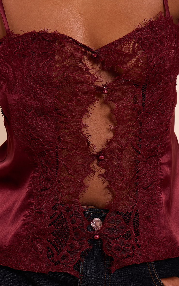 Burgundy Satin Lace Panel Strappy Cami Top image 4