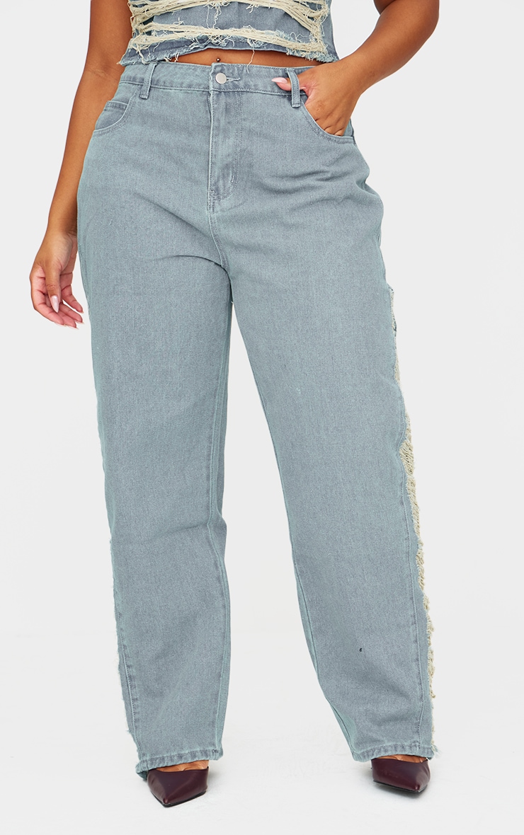 Plus Vintage Wash Extreme Fraying Detail Wide Leg Denim Jeans image 2