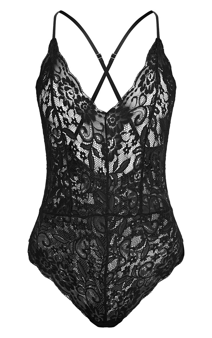 Madeline Black Lace Cross Strap Bodysuit PrettyLittleThing